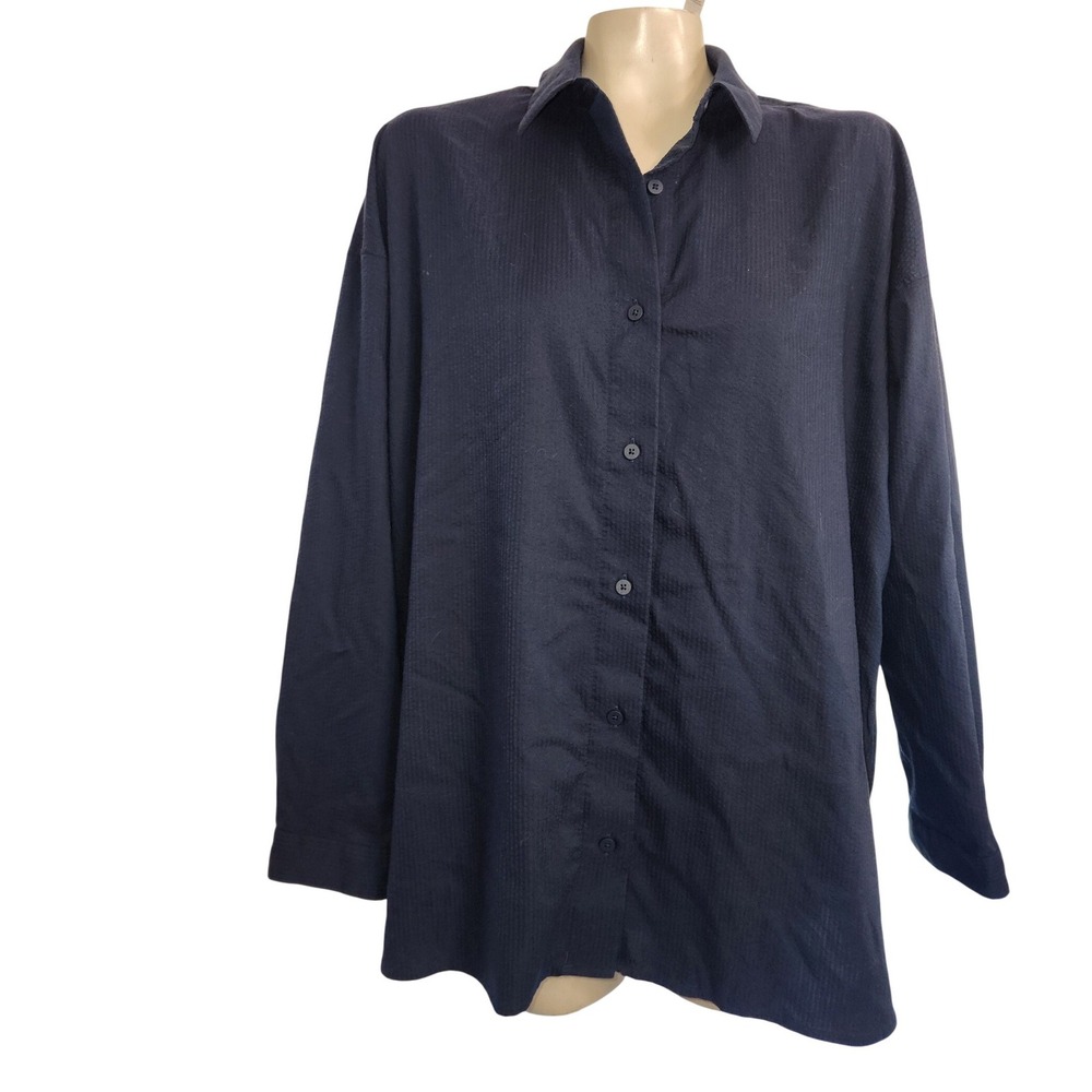 Lululemon Navy Blue‎ Textured Tencel Button Down Shirt Size 8 Relaxed Fit